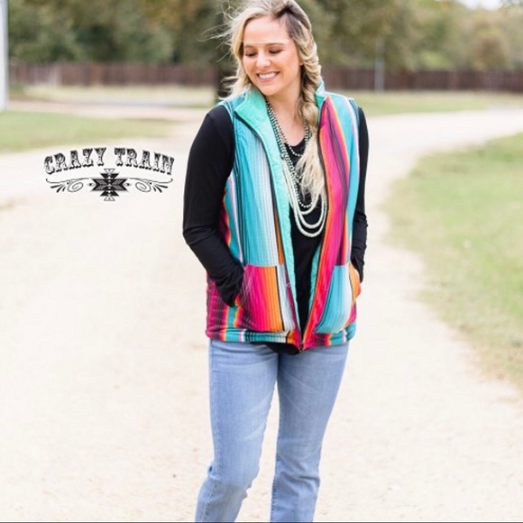 SOLD OUT 🚂Crazy Train Reversible Turq/Serape Vest - Picture 3 of 6